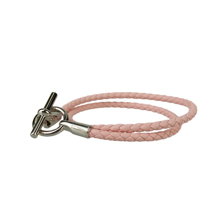 Hermes Bracelet Glenan Pink Leather Doubl Tour Braided Silver Hardware — view 3