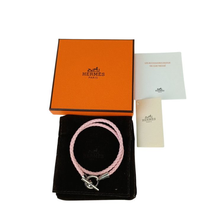 Hermes Bracelet Glenan Pink Leather Doubl Tour Braided Silver Hardware — view 8