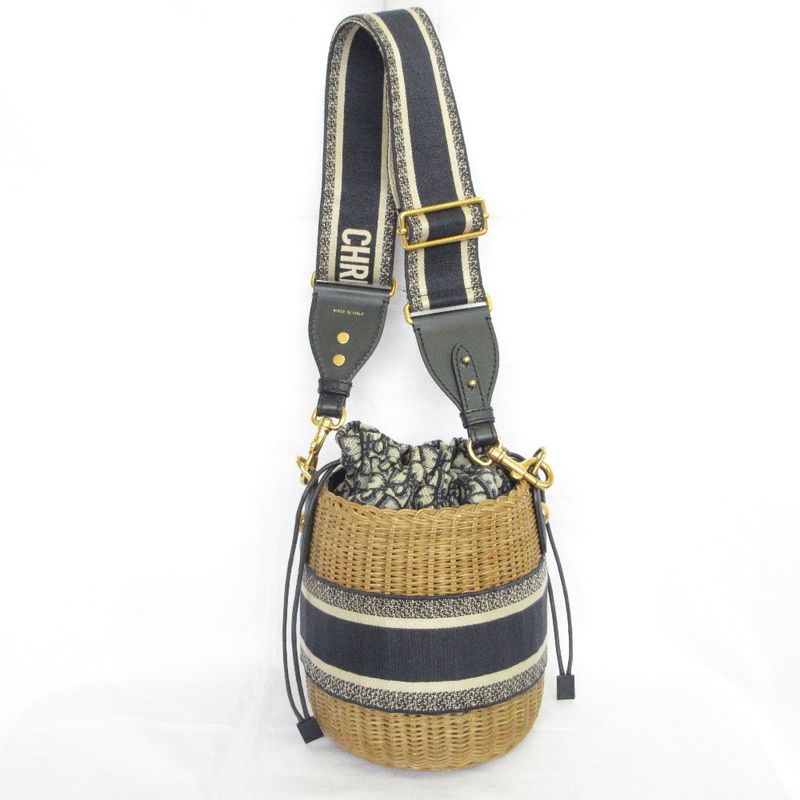 Christian Dior Oblique Wicker Shoulder Bag Navy Natural — view 4