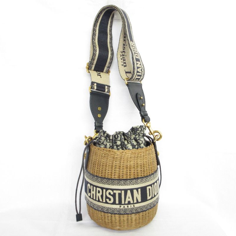 Christian Dior Oblique Wicker Shoulder Bag Navy Natural — view 3