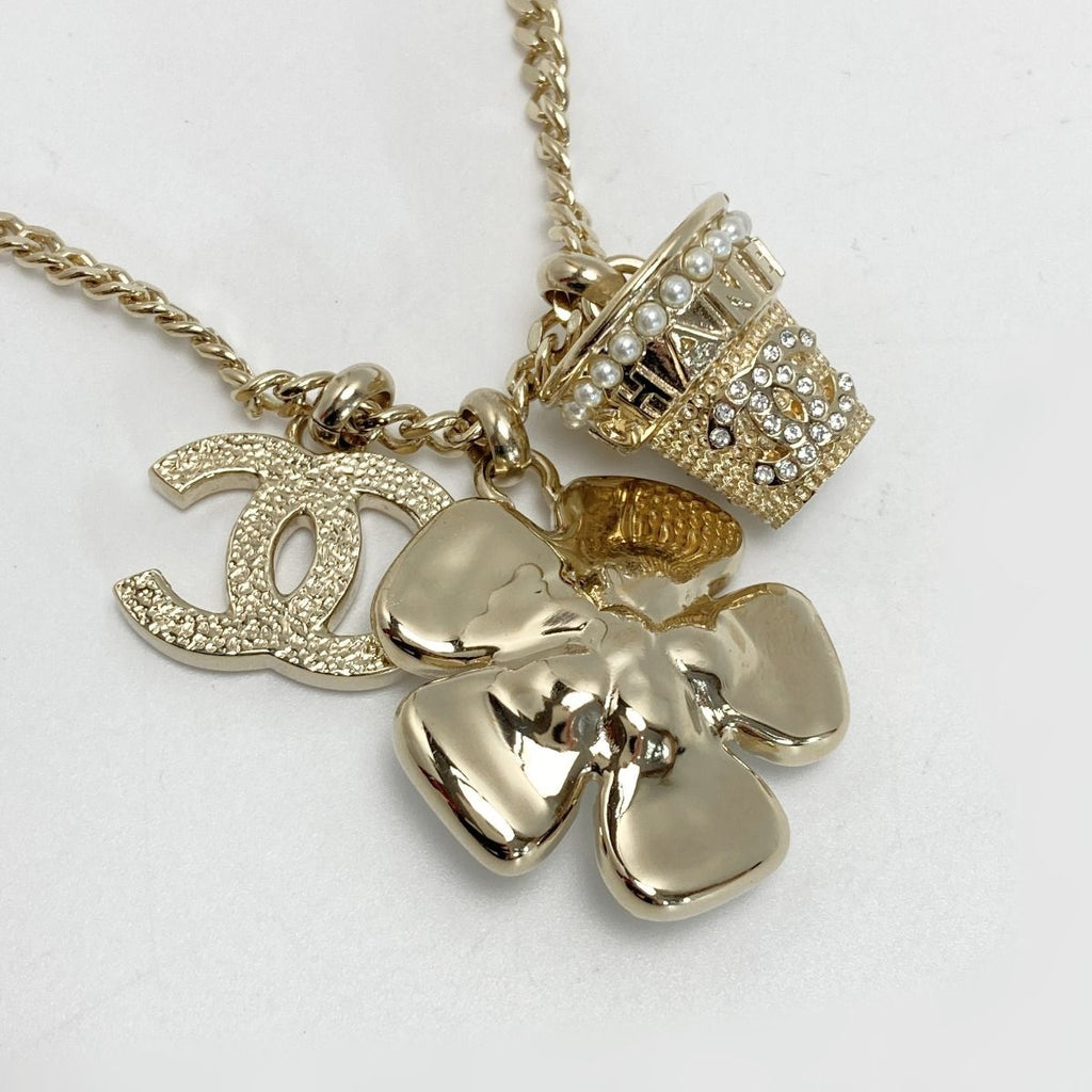 Chanel Coco Mark Flower Necklace B23 S Gold GP Rhinestone Faux Pearl — view 3