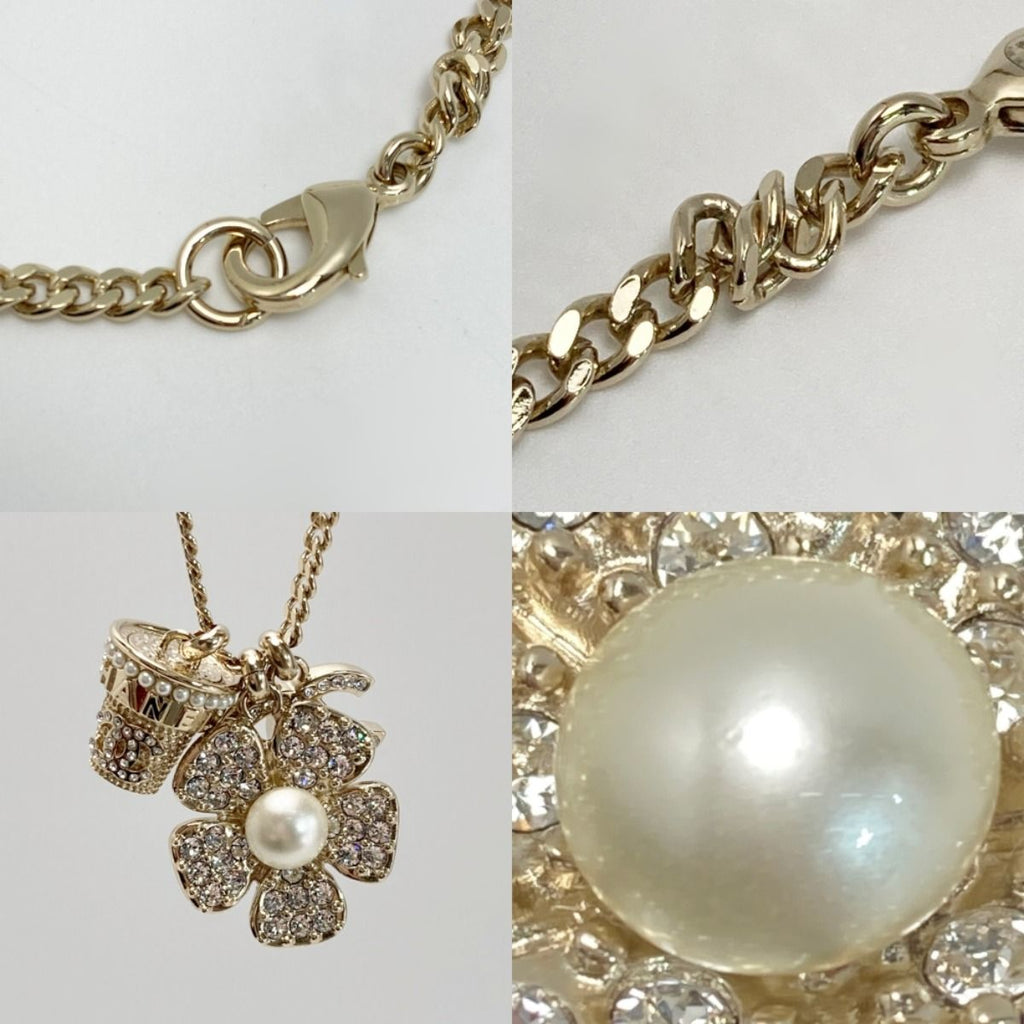 Chanel Coco Mark Flower Necklace B23 S Gold GP Rhinestone Faux Pearl — view 6