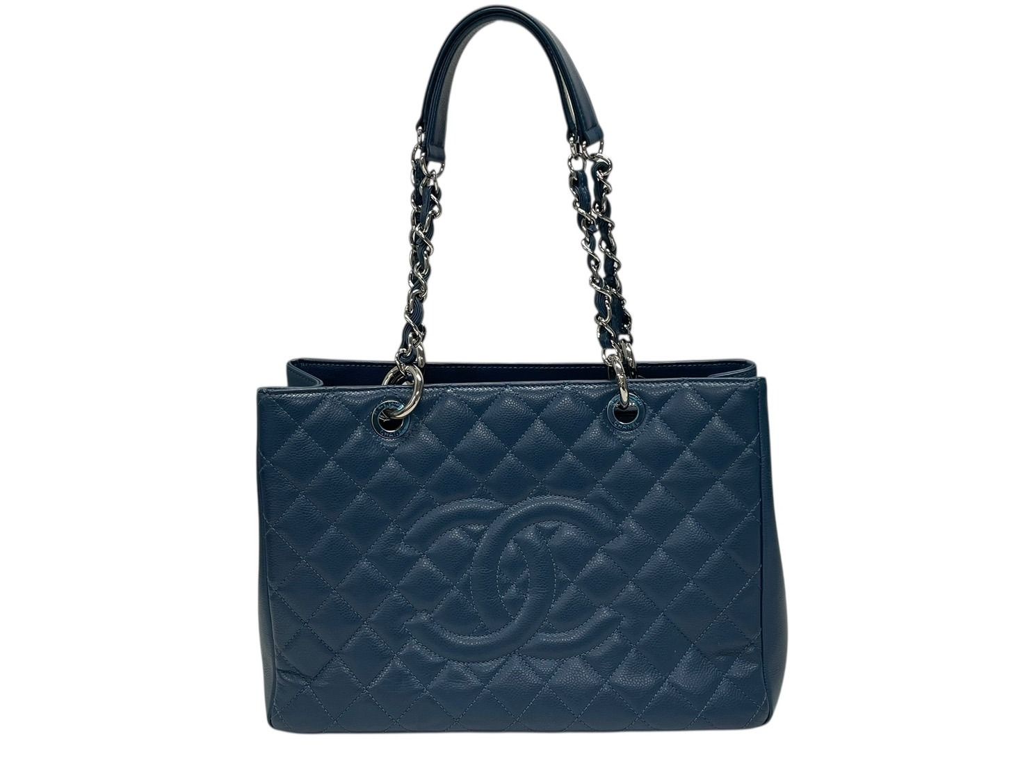 Chanel Grand Shopping Tote Bag GST Chain Caviar Leather CC Logo Navy Silver