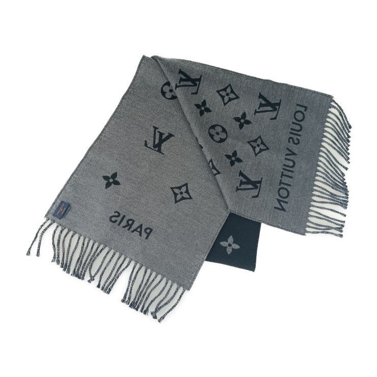 Louis Vuitton Scarf All About Monogram Black Gray 100% Wool Fringe — view 3