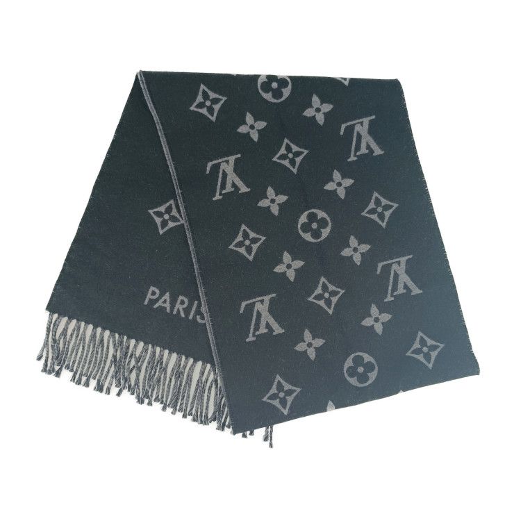 Louis Vuitton Scarf All About Monogram Black Gray 100% Wool Fringe — view 2
