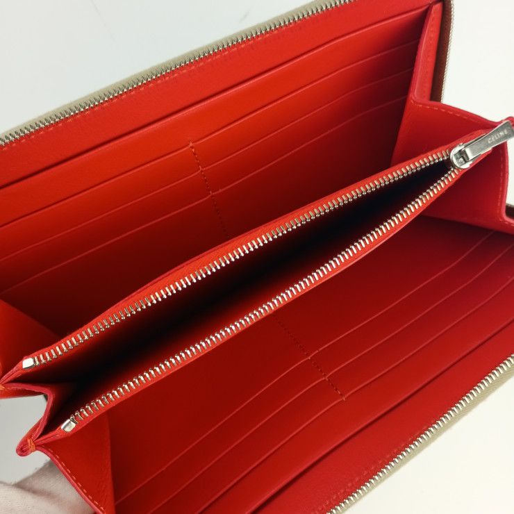 Celine Large Zipped Wallet Beige Orange Red Silver Hardware Leather — view 8