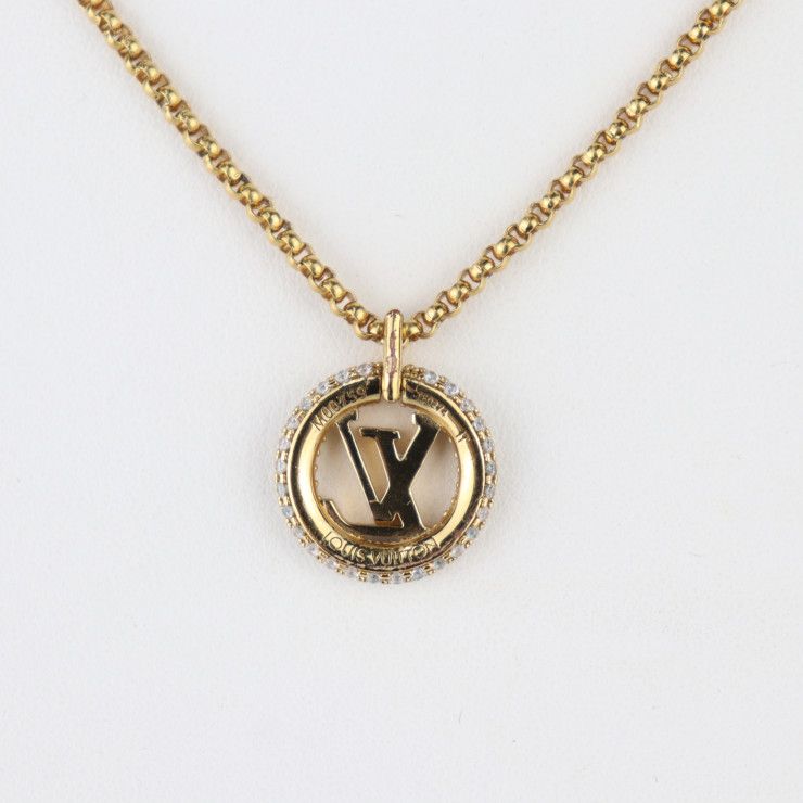 Louis Vuittone By Night Necklace Metal Rhinestone Gold Circle Pendant — view 4