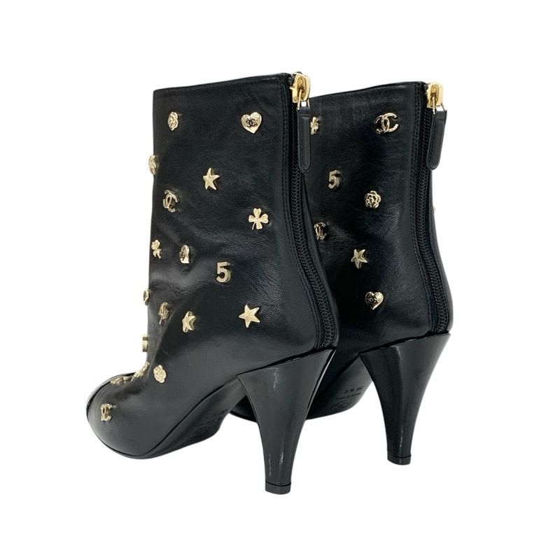 Chanel Boots Short Shoes Leather Patent Black Gold Coco Mark Icon Logo — view 4