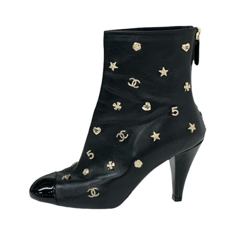 Chanel Boots Short Shoes Leather Patent Black Gold Coco Mark Icon Logo — view 3