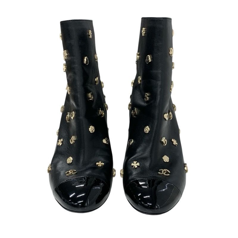 Chanel Boots Short Shoes Leather Patent Black Gold Coco Mark Icon Logo — view 2