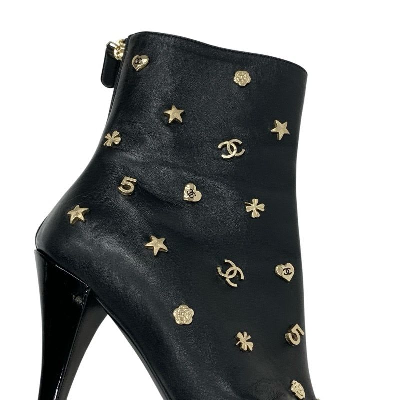 Chanel Boots Short Shoes Leather Patent Black Gold Coco Mark Icon Logo — view 9
