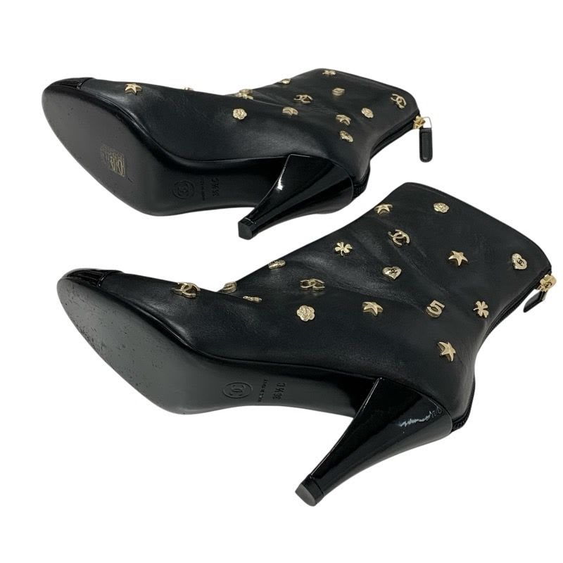 Chanel Boots Short Shoes Leather Patent Black Gold Coco Mark Icon Logo — view 6