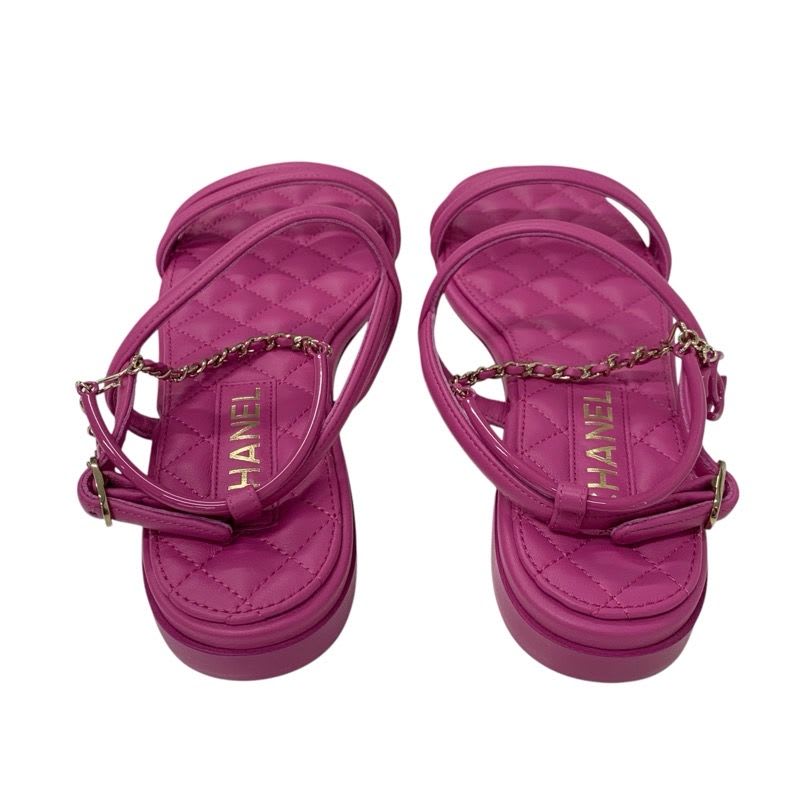 Chanel Sandals Shoes Leather Pink Gold Quilted Coco Mark Heart Chain Strap — view 5