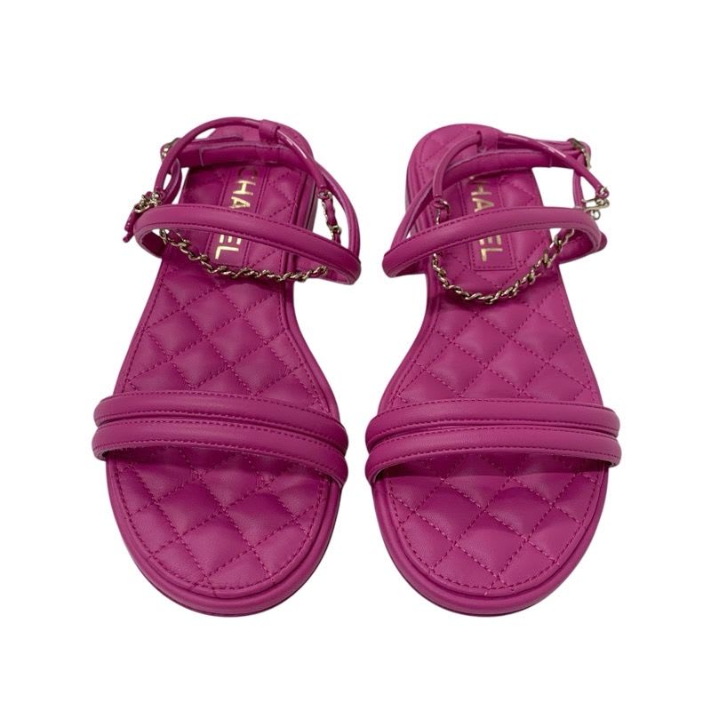 Chanel Sandals Shoes Leather Pink Gold Quilted Coco Mark Heart Chain Strap — view 2
