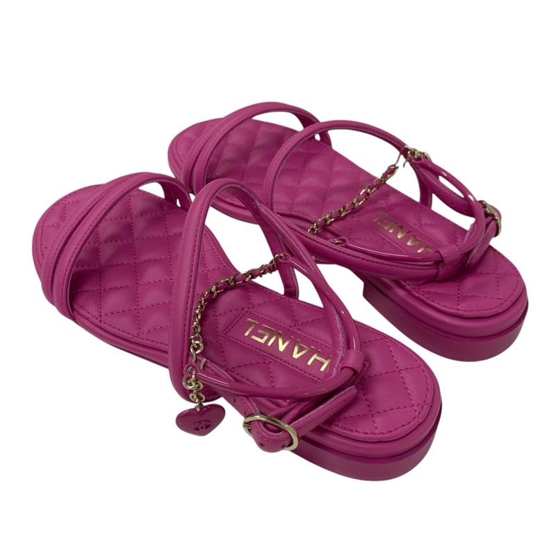 Chanel Sandals Shoes Leather Pink Gold Quilted Coco Mark Heart Chain Strap — view 4