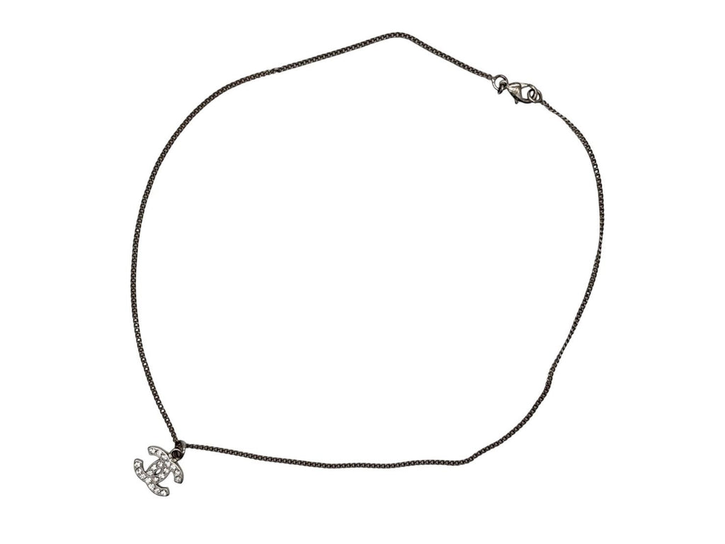 Chanel CC Logo Necklace 09 44 Rhinestone Metal Clear Silver