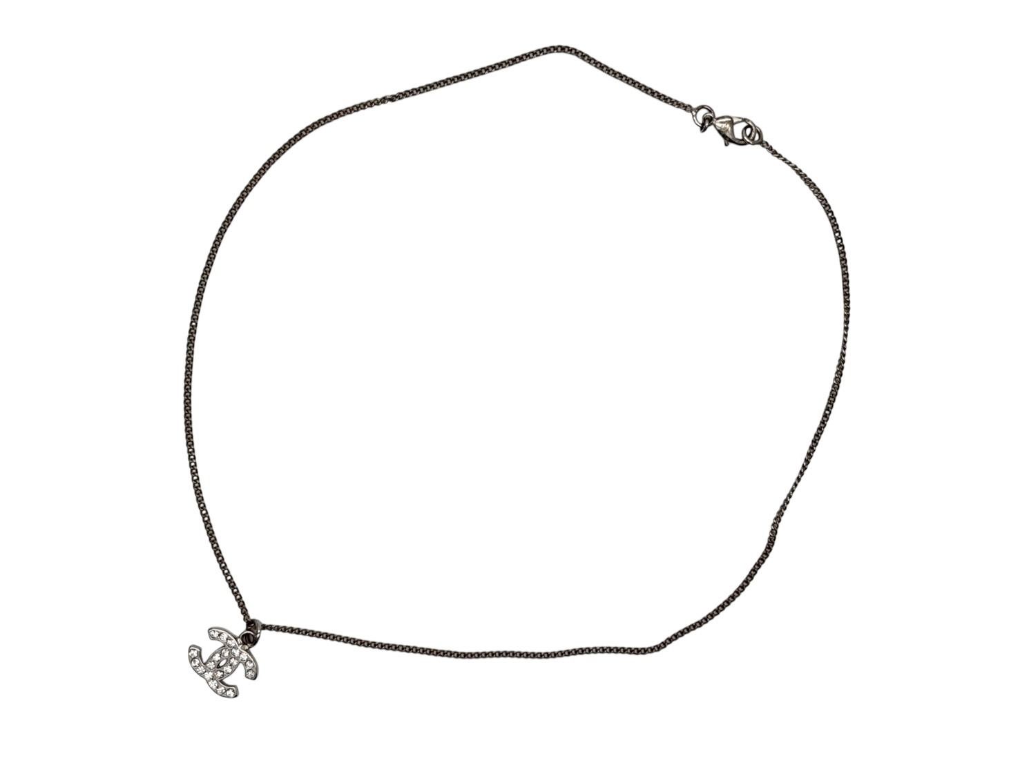 Chanel CC Logo Necklace 09 44 Rhinestone Metal Clear Silver