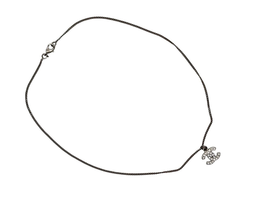Chanel CC Logo Necklace 09 44 Rhinestone Metal Clear Silver — view 2