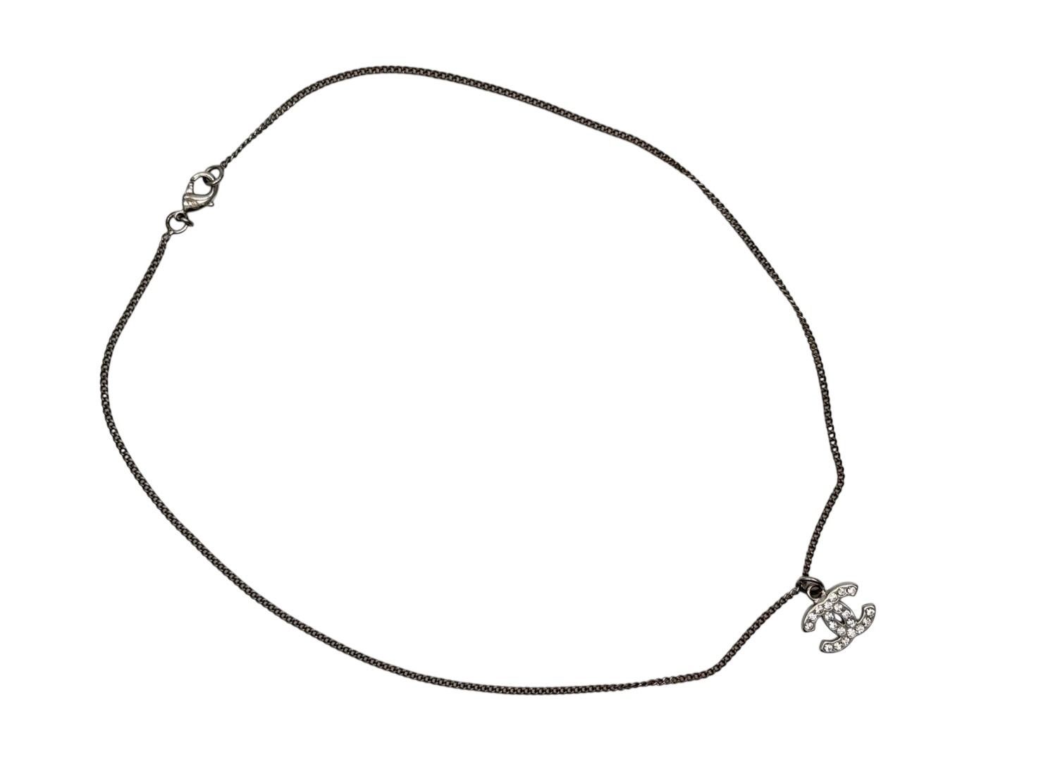 Chanel CC Logo Necklace 09 44 Rhinestone Metal Clear Silver — view 2
