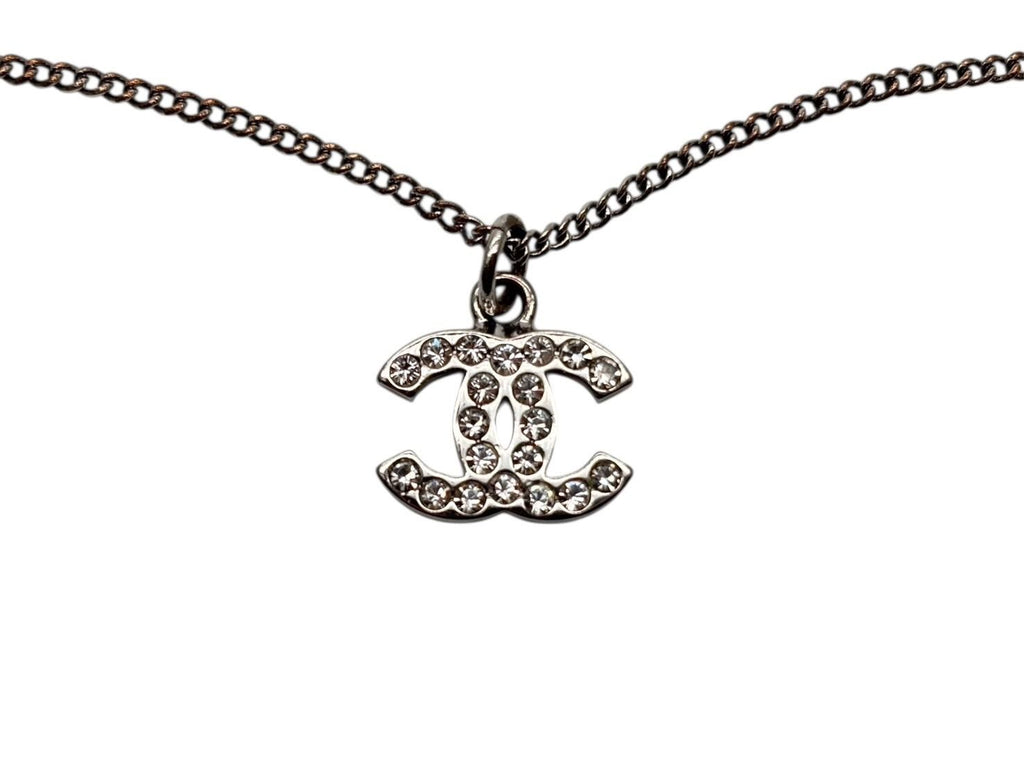 Chanel CC Logo Necklace 09 44 Rhinestone Metal Clear Silver — view 4