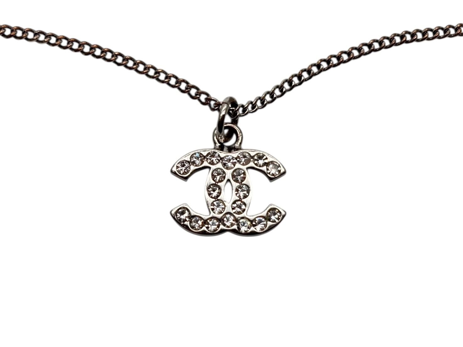 Chanel CC Logo Necklace 09 44 Rhinestone Metal Clear Silver — view 4
