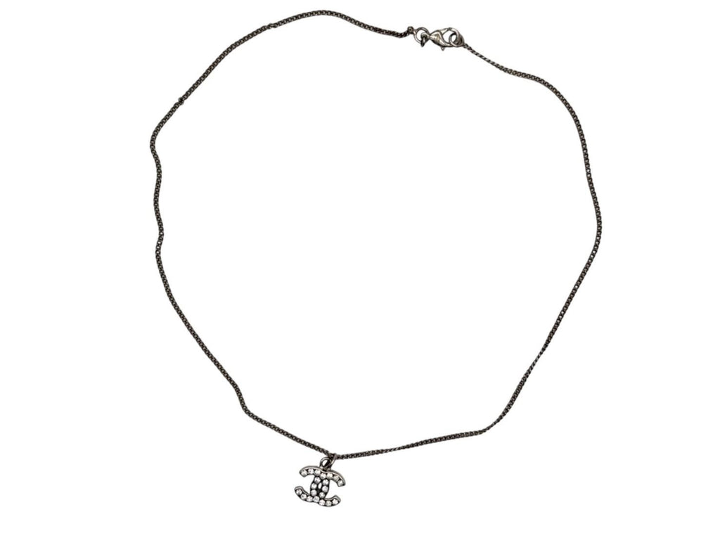 Chanel CC Logo Necklace 09 44 Rhinestone Metal Clear Silver — view 3