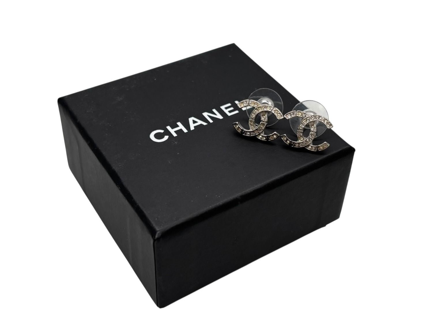 Chanel CC Logo Earrings Rhinestone Metal Clear Silver
