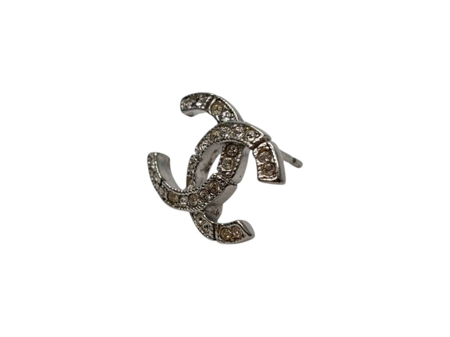 Chanel CC Logo Earrings Rhinestone Metal Clear Silver — view 3
