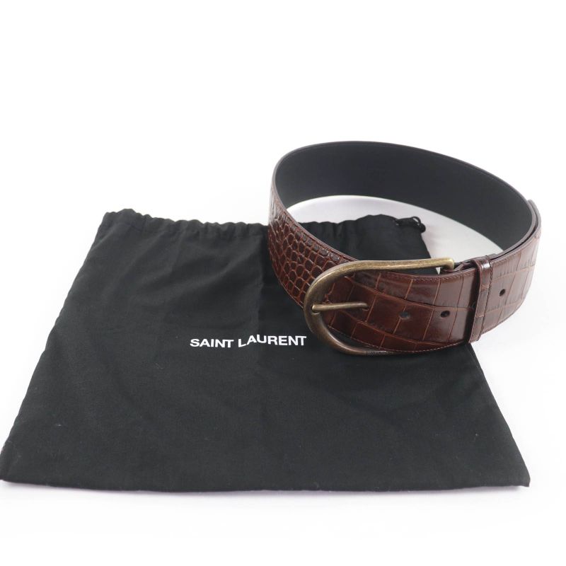 Saint Laurent Logo Croc Shape Pressed Leather Belt Brown 65 Storage — view 3