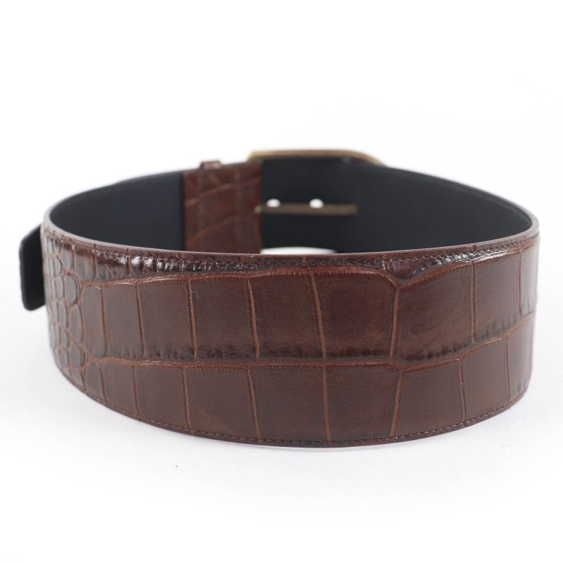 Saint Laurent Logo Croc Shape Pressed Leather Belt Brown 65 Storage — view 5