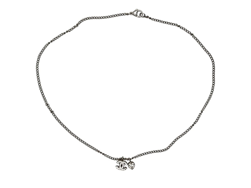 Chanel CC Logo Heart Necklace 04 42 Rhinestone Metal Clear Silver