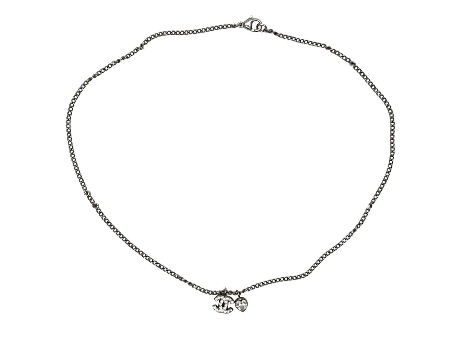 Chanel CC Logo Heart Necklace 04 42 Rhinestone Metal Clear Silver