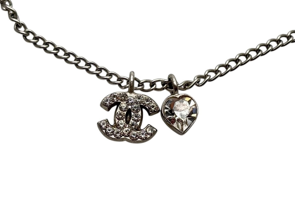 Chanel CC Logo Heart Necklace 04 42 Rhinestone Metal Clear Silver — view 2