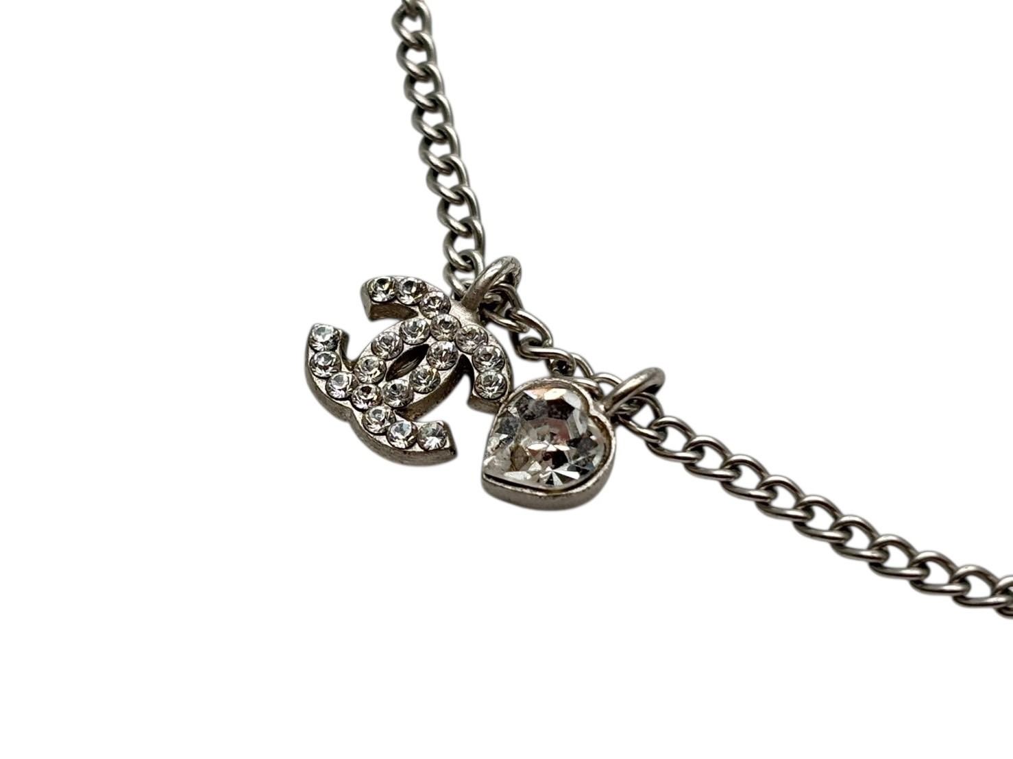 Chanel CC Logo Heart Necklace 04 42 Rhinestone Metal Clear Silver — view 3