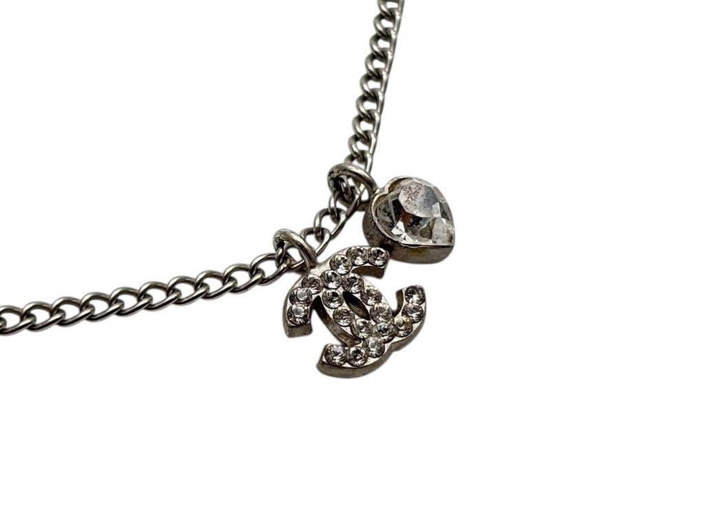 Chanel CC Logo Heart Necklace 04 42 Rhinestone Metal Clear Silver — view 4