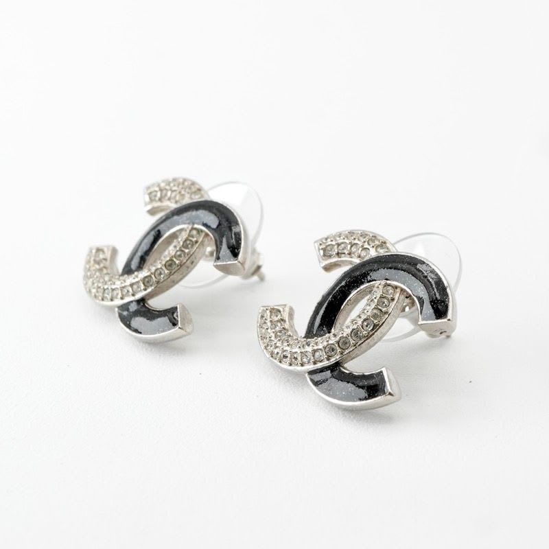 Chanel Earrings Silver Black Coco Mark Rhinestone — view 3