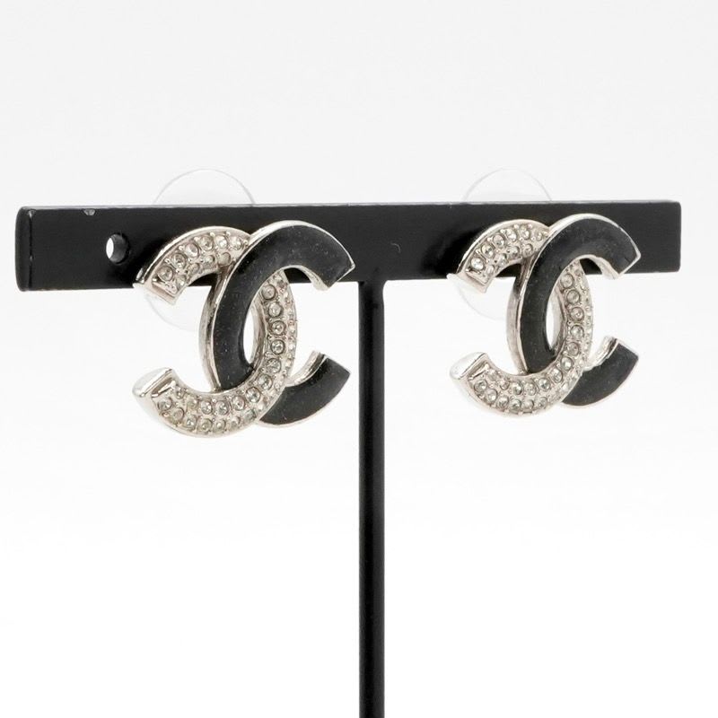 Chanel Earrings Silver Black Coco Mark Rhinestone — view 8