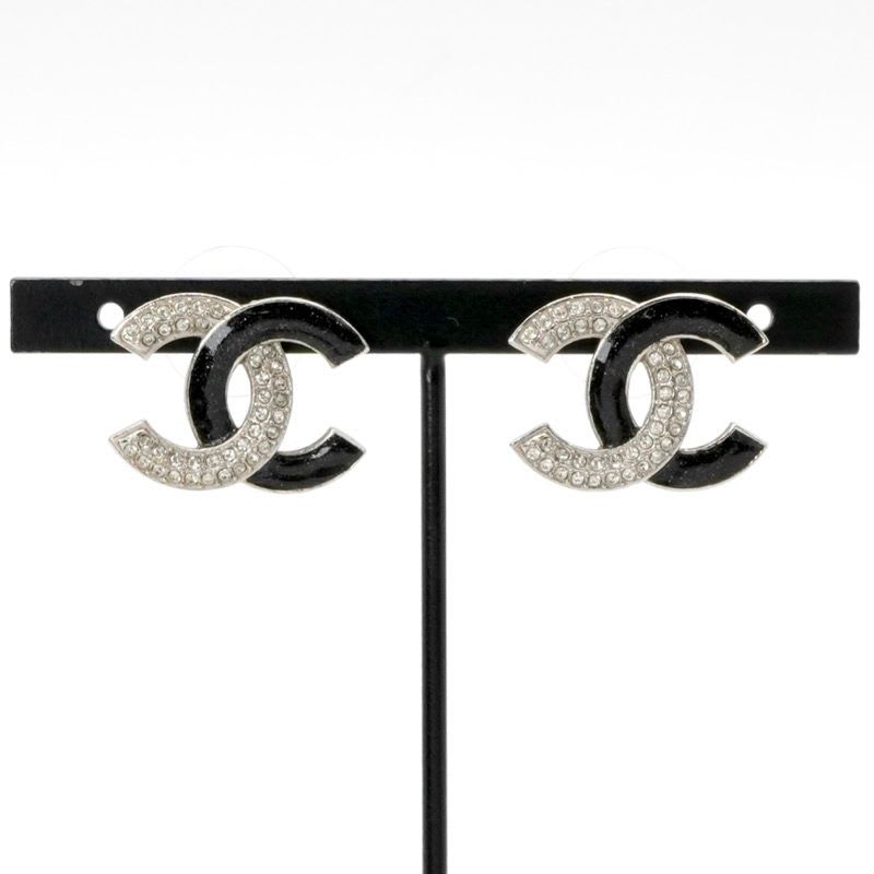 Chanel Earrings Silver Black Coco Mark Rhinestone — view 7