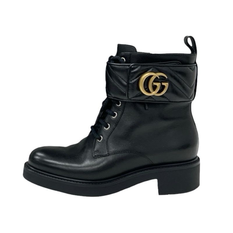 Gucci Double G Boots Short Shoes Leather Black Gold Quilted GG Marmont — view 3