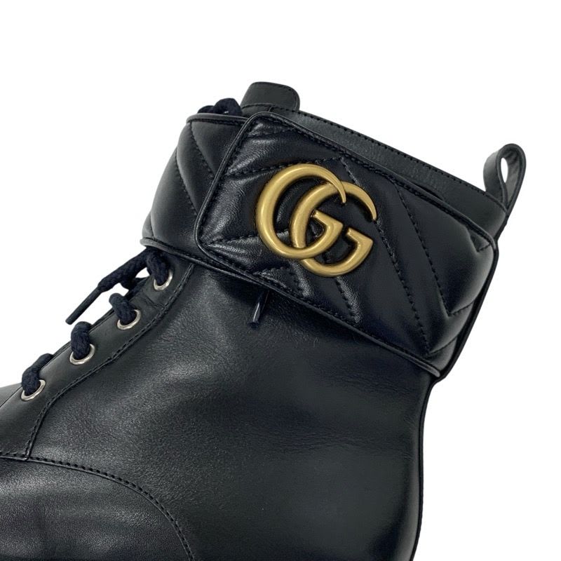 Gucci Double G Boots Short Shoes Leather Black Gold Quilted GG Marmont — view 9