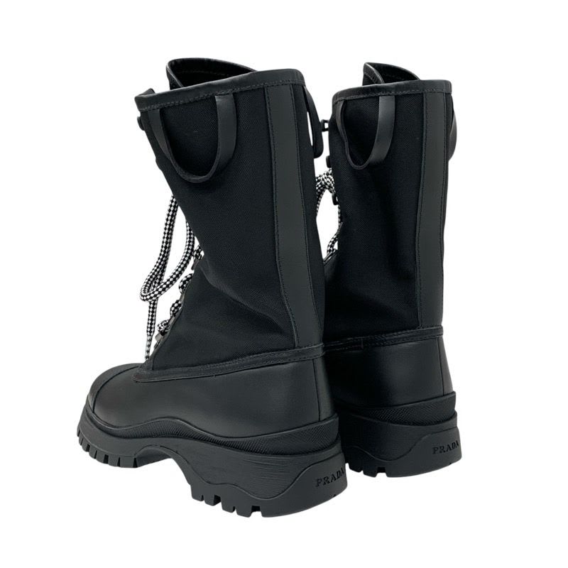 Prada Boots Short Shoes Leather Fabric Black Logo Lace Up Middle — view 4