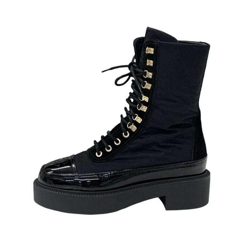 Chanel Boots Short Shoes Nylon Patent Black Gold Coco Mark Lace Up — view 3