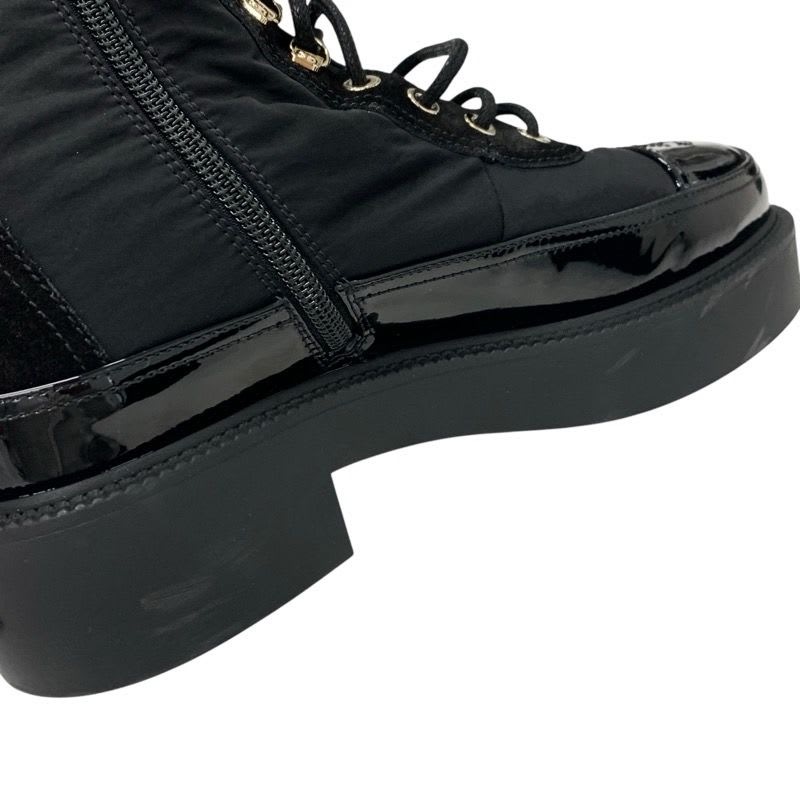 Chanel Boots Short Shoes Nylon Patent Black Gold Coco Mark Lace Up — view 9