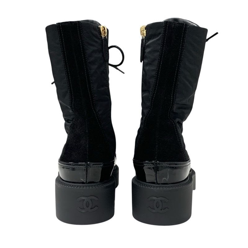 Chanel Boots Short Shoes Nylon Patent Black Gold Coco Mark Lace Up — view 5