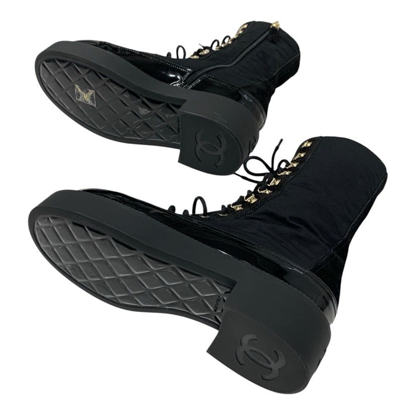 Chanel Boots Short Shoes Nylon Patent Black Gold Coco Mark Lace Up — view 6
