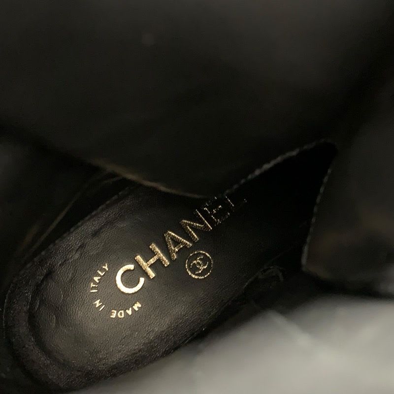 Chanel Boots Short Shoes Nylon Patent Black Gold Coco Mark Lace Up — view 7