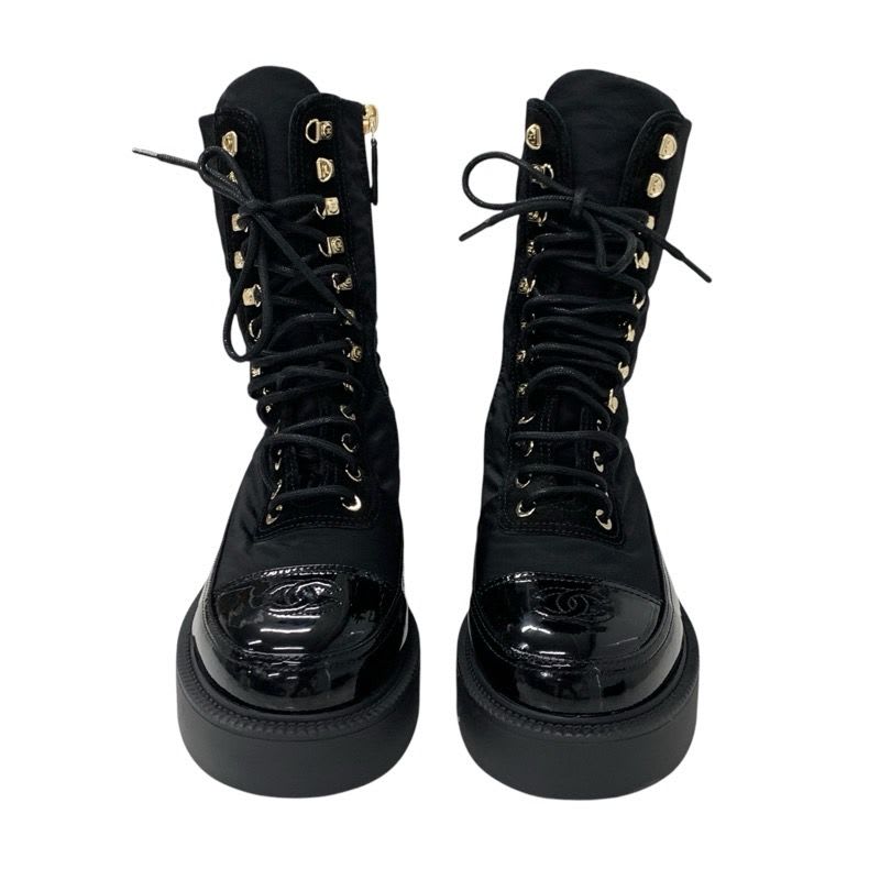 Chanel Boots Short Shoes Nylon Patent Black Gold Coco Mark Lace Up — view 2