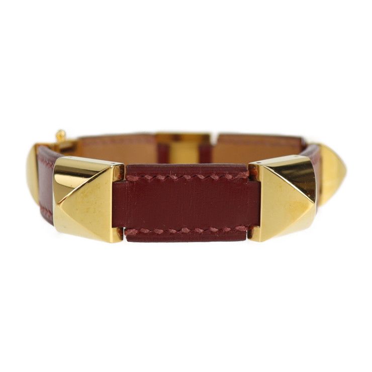 Hermes Bracelet Leather Red Gold Hardware Medallion Engraved V — view 3