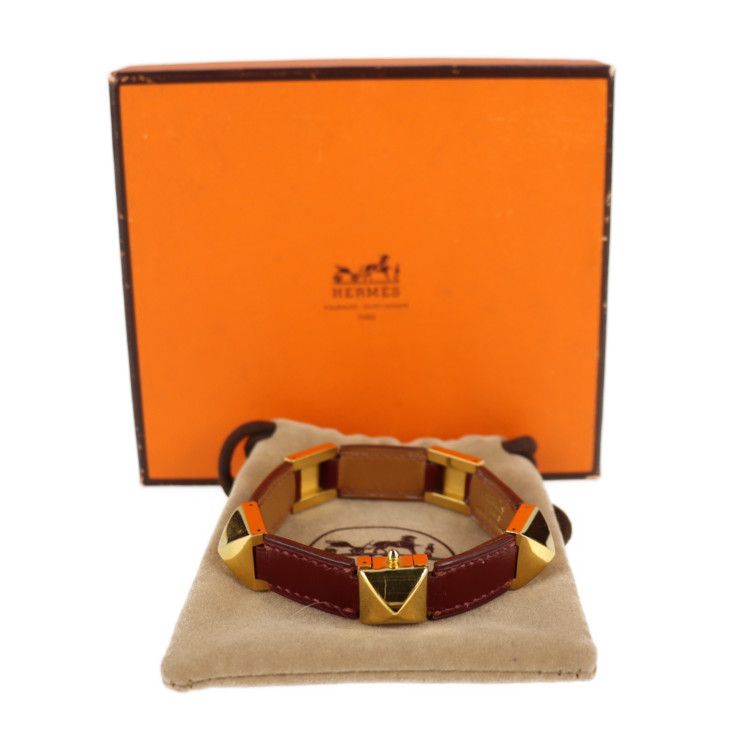 Hermes Bracelet Leather Red Gold Hardware Medallion Engraved V — view 9