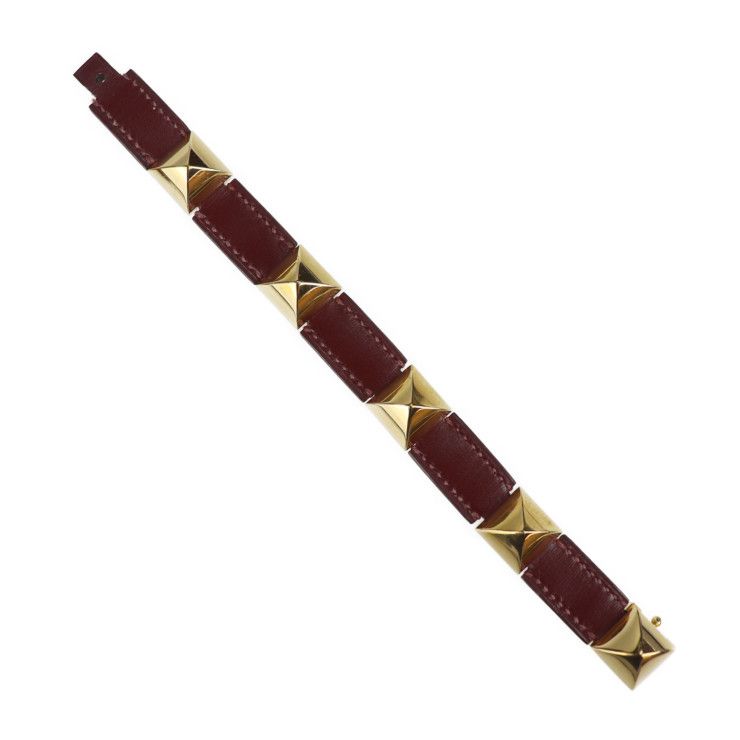 Hermes Bracelet Leather Red Gold Hardware Medallion Engraved V — view 4